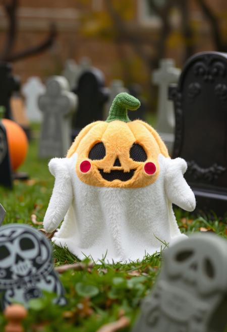 A cute pumpkin shaped ghost plushie in a graveyard.
