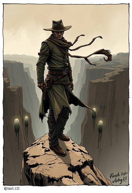 A lone outlaw standing on a rocky cliff, the wind swirling his tattered coat as ghostly woodland spirits emerge from the canyon below
intricate fairy tale illustration meets dynamic Western cinematic realism, fine ink detailing with expressive brushwork, rich earthy and muted color palettes, dramatic action poses with fluid motion, atmospheric storytelling, ethereal fantasy elements blended with bold, high-energy compositions, strong contrasts of light and shadow, finely textured linework merged with painterly depth, mythological and historical themes, dreamlike yet intense visual narratives, balance of whimsy and rugged dynamism