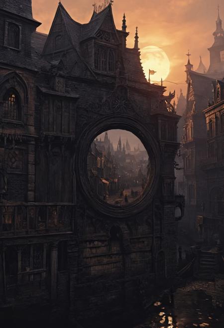 the city of Yharnam, the city of Yharnam is inside the small mirror, The small mirror is centered, bloodborne, The mirror is small, The mirror borders are plain, twilight, Don't be real, oil painting, done with japanese brush technique, realistic, extreme detail, scary, terrifying, dark and warm environment, 8k, looking at viewer, looming, Comic style
<lora:add-detail-xl:1> <lora:xl_more_art-full_v1:0.5>  <lora:looking_at_viewer:2>