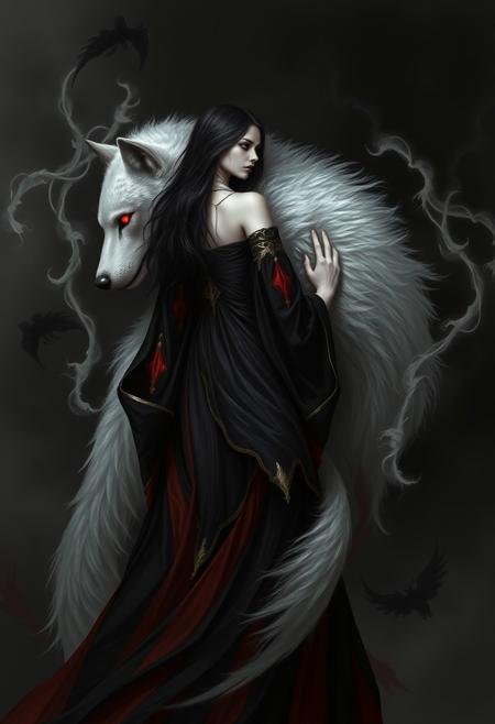 Monochrome, black and white photo, a digital painting featuring a mystical and haunting scene. At the center is a young woman with pale skin and long, dark hair, dressed in a flowing black and red dress adorned with gold accents. Her back is to the viewer, and she appears to be embracing a large, ethereal wolf. The wolf's fur is predominantly white, with hints of gray, and it has piercing red eyes that seem to glow ominously. The wolf's fur is rendered in a way that suggests movement, with wisps and tendrils swirling around the woman and the wolf. The background is dark and shadowy, with subtle hints of a misty or smoky atmosphere that adds to the mystical and otherworldly feel of the image. The overall color palette is dominated by dark tones with occasional highlights of white and gold, creating a dramatic and surreal effect. The style of the painting is highly detailed and realistic, with a focus on texture and movement, giving it a lifelike yet fantastical quality. The woman's dress and the wolf's fur are rendered with intricate detail, emphasizing the contrast between the delicate human form and the wild, untamed nature of the wolf.