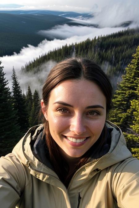 Selfie of a radiant 20 year old woman from a lookout at height, Rockies mountains, crystal clear lake, pinetrees forests, wildlife, mist, foggy, sun rays through the fog, perspective, detailed face, bright creamy skin, hair tied, big breasts, rain jacket, hiking