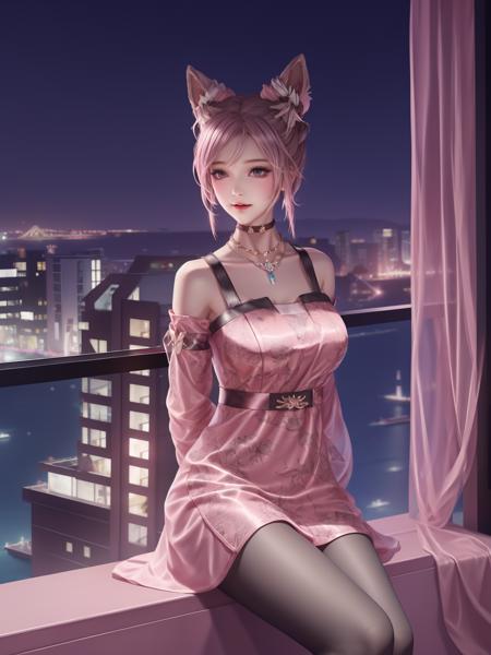 1 girl,hair ornament,shoulder strap,pink dress,arms behind back,choker,necklace,hair hair bun,(cityscape:1.2),lake,night,double bun,animal ears, <lora:GONGSUNLI_20230702231739-000007:0.7>,sitting,spread legs, pantyhose,