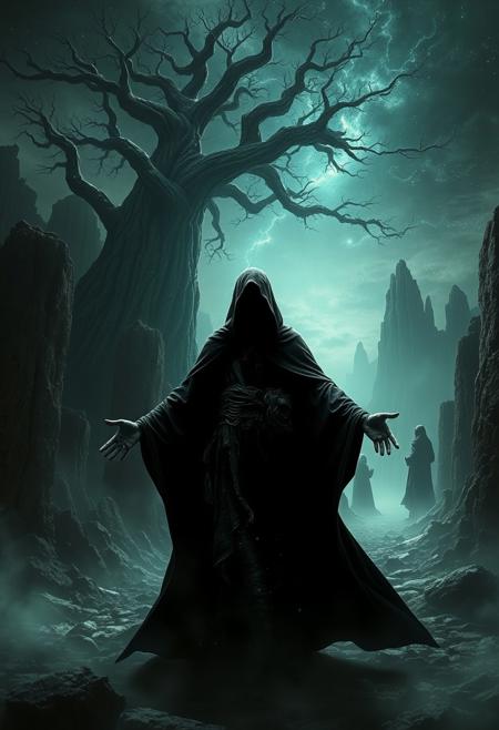 A universe inside a dark cloaked figure within mysterious landscape in an unfathomable realm of fantastic creation inhabited by ancient shadows of a forgotten time beyond the gate of the gateless gate where life is limitless, light is shadow and shadow is light, eerie sense, horror, spark of the beginning, existence and nonexistence at once, ethereal, outstretched arms, behold the end of the beginning, inglorious glory to the dark one, betrayal of the ancient order, beware the 7headed beast, destroyer of the old ways, bearer of the unbearable, nightmarish, archaic runes, tree aging backwards, breath of the gods, ruins of a place unimagined, extreme intricate detail, photorealistic, beyond epic scene, fate discarded, unseeable face of god, the end is the beginning, the beginning is the end, man arises as god dies, as above so below, as below so above, emerald tablet, thoth, guardian and saboteur of existence, hopeless hope