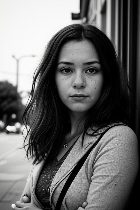 The image portrays a young woman with long, dark hair holding a vintage camera close to her face, partially obscuring one of her eyes. She gazes directly into the lens with an intense, thoughtful expression. The photograph has a distinct cinematic and nostalgic aesthetic, with soft lighting, a grainy texture, and subtle color grading that gives it a vintage, film-like quality.
Subject and Composition
The subject's face is positioned slightly off-center, drawing immediate attention to her sharp and expressive features. Her dark, well-defined eyebrows frame her deep-set eyes, which are slightly shadowed, adding to the introspective mood of the image. Her lips, which are slightly parted and tinted a natural red, contrast subtly with her smooth, pale skin. Strands of hair fall loosely across her face, reinforcing the unposed, organic nature of the portrait.
The camera she holds is an older model, silver and black with a rounded lens, possibly a vintage point-and-shoot film camera. Its reflective surface catches some light, making it a noticeable focal point. Her fingers gently rest on the camera's body, showcasing her relaxed grip, suggesting familiarity and comfort with the device. The camera partially obscures her left eye, creating an artistic and symbolic interplay between the act of capturing an image and being observed.