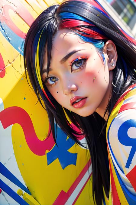 masterpiece, best quality, (realistic, highly detailed), (medium shot, dynamic angle, 1girl, vivid colors), (depth of field:1.3), graffiti art background