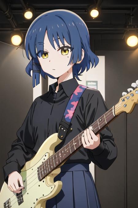 best quality, masterpiece, highres, solo, {yamada_ryo_bocchitherock:1.15}, blue_hair, short_hair, bangs, mole_under_eye, mole, yellow_eyes, hair_ornament, closed_mouth, hairclip