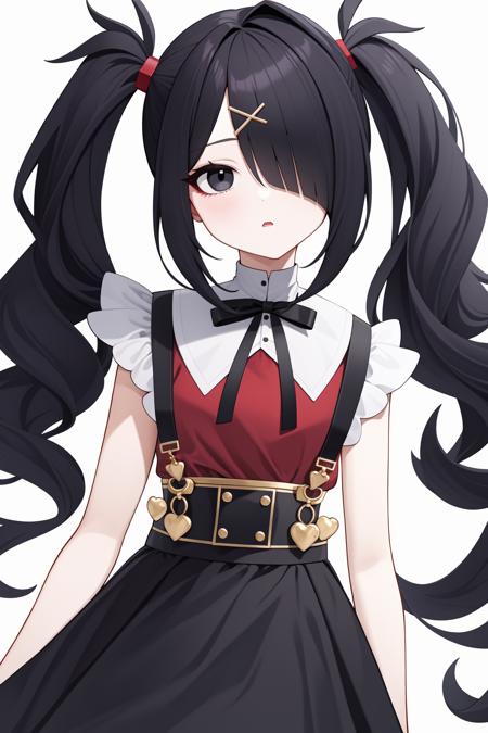 <lora:è¶å¤©é»:0.8:lbw=char>,chaotian2,twintails,black hair,hair ornament,hair over one eye,x hair ornament,ribbon,suspenders,shirt,black ribbon,skirt,bangs,suspender skirt,neck ribbon,hairclip,black skirt,black eyes,red shirt,black nails,, 1girl,
,  (masterpiece,best quality:1.2),absurdres