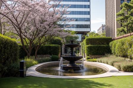 <lora:JJsLandscapeDesign_V2:.5>,masterpiece, best quality,Landscape, scenery, outdoors, building, tree, sky, real world location,  grass, bush, flower, city, water, lawn, sidewalk, ivy, bench,sakura, dawn, pond,day, column, beam,building facade,
RAW photo, subject, 8k uhd, dslr, soft lighting, high quality, film grain, Fujifilm XT3 ,car entrance, gate, fountain,