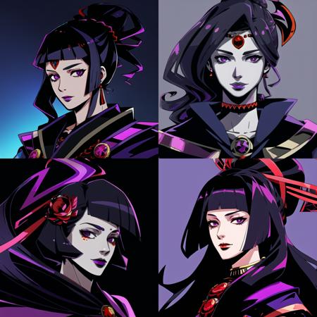 1girl, (juri han), hades-8500, cartoon, black hair, purple eyes, portrait, looking at viewer, ancient greece, (realistic), solo, soft lighting, shading, comic, (dark outlines:1.2), mature female, purple background, epic, fantasy