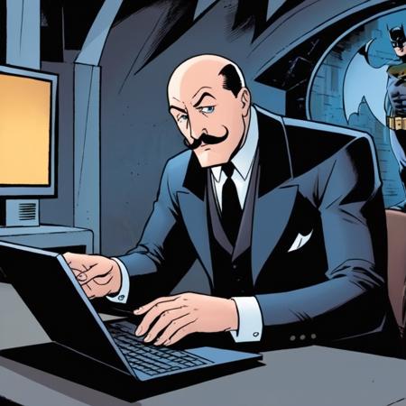 comic book art of  <lora:Alfred Pennyworth:1.2>
Alfred Pennyworth a bald man with a mustache in a suit is using a laptop inside batcave In Gotham City, comic art, graphic novel illustration