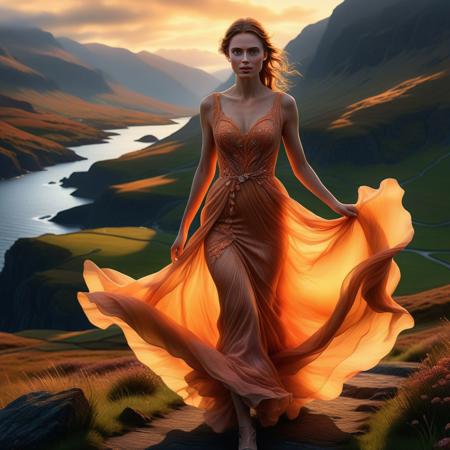 Ultra realistic color pencil  image a beautiful woman running through the Scottish highlands in a very long flowing cocktail dress, in the sunset,
BREAK
Deep dark intense dark organge misty background, Dark theme, dynamic lighting, (soft shadows), (soft focus), (photo realistic), uhd, 8k