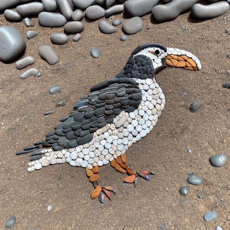 A bird made of rocks standing on a rocky ground.