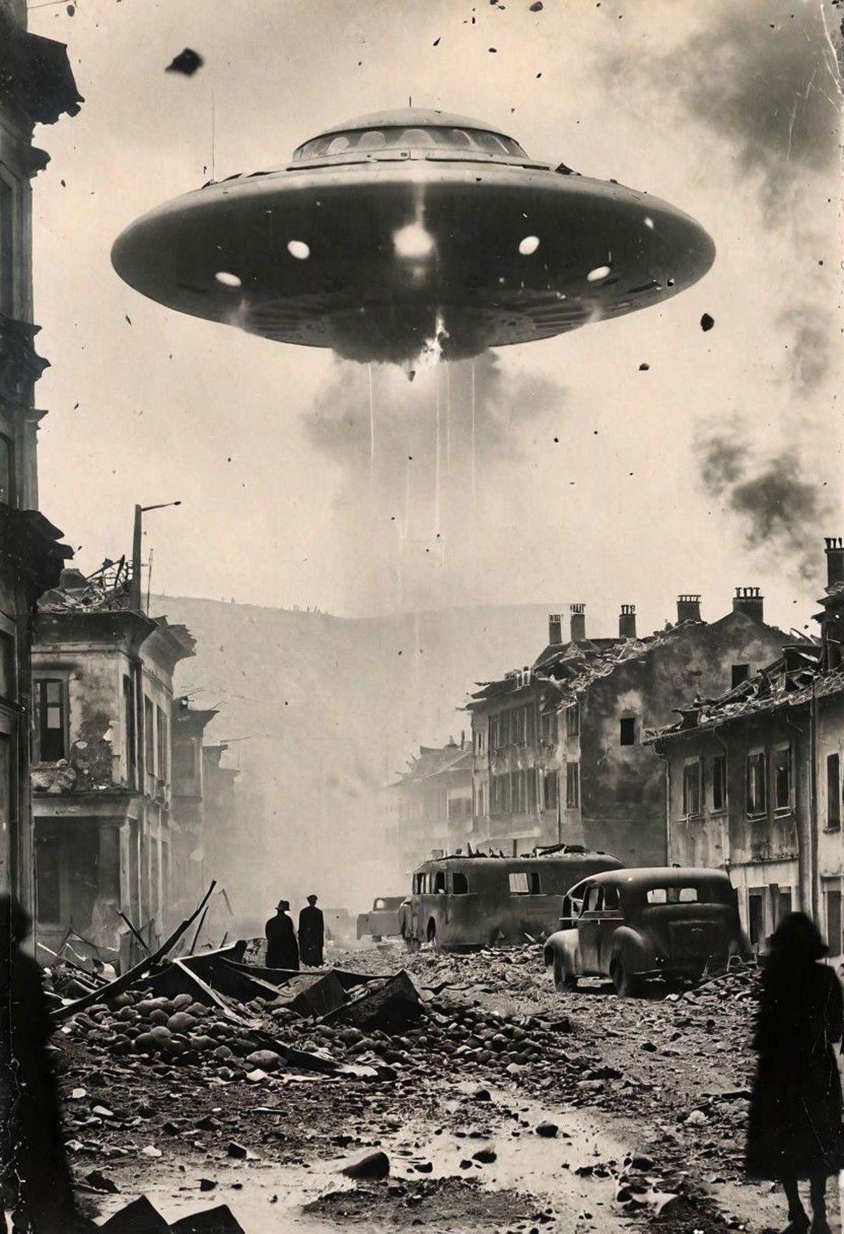 A black and white photograph of a war-torn city with an alien spacecraft flying overhead, causing destruction. People are standing in the street, observing the chaos.