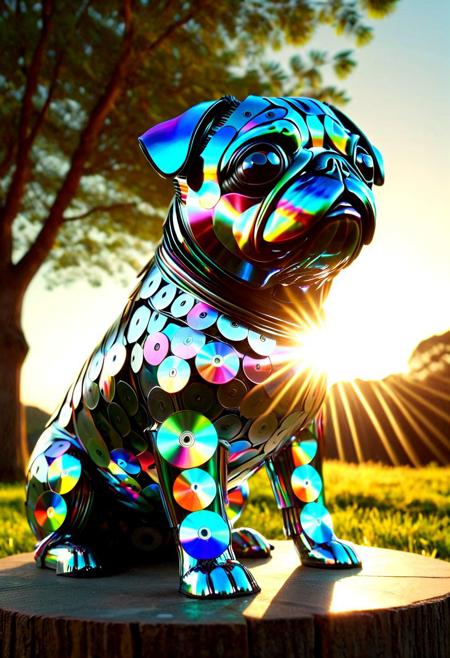 a pug dog made of cd's <lora:CDs_SDXL:1.2> <lora:Detail_Tweaker_XL:0.3>, standing or sitting, chrome and iridescent CD texture, photorealistic, surreal animal sculpture, soft lighting, outdoor setting, cinematic depth of field, ultra detailed, cute and shiny, 4k