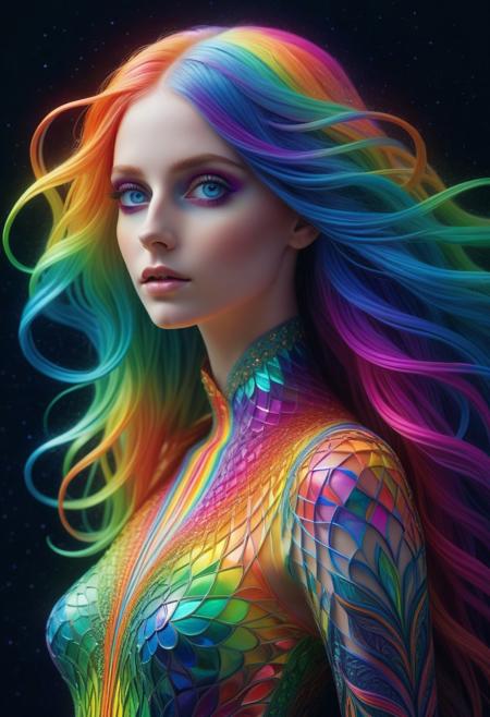 beautiful young skinny girl, long rainbow colored hair, blue eyes, Full-Body Fluorescent Woman Bathed in Neon Rainbow Shades following Her Delicate Form creating Surreal patterns, Featuring Intricate Patterns, night sky, hyperdetailed painting, 4k resolution, 3d render, octane render, intricately detailed patterns, cinematic, trending on artstation Isometric Centered hypereallistic cover photo awesome full color, gritty, intricate, hand drawn , gritty, realistic mucha , intricate, hit definition , cinematic,Rough sketch, bold lines, on paper.