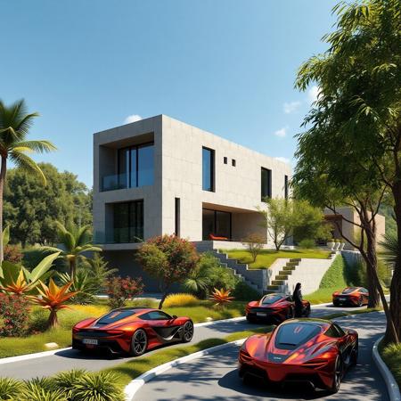 concrete modern house in a city land, there are house and building luxuriant vegetation around, some street with futuristic cars, photorealist, masterpiece, 4k, high details, background a sunny day, some people very happy. The proportions of the objects are perfect