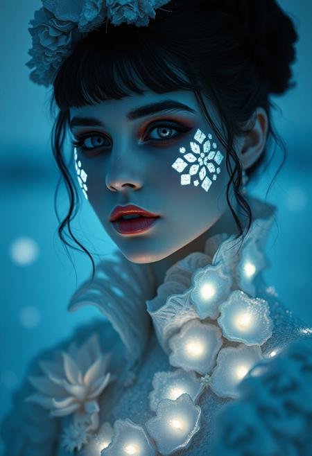 Ultra realistic portrait , By Eric Lacombe By Patrice Murciano Frostpunk Fashion Photography, white glacial blue, minimalism, smoked eye shadow, illuminated white bulging biomorphic dot pattern, glacial landscape, glacial flowers, bokeh snowflakes, volumetric particle dust, powdered paint pigment, vivid color, misty aether houte - couture rococo glacial clothing, holga medium format camera, etherial lighting, backlighting, in the style of, professional ominous concept art, by artgerm and greg rutkowski, an intricate, elegant, highly detailed digital painting, concept art, smooth, sharp focus, illustration, in the style of simon stalenhag, wayne barlowe, and igor kieryluk.