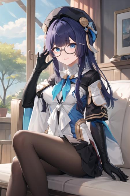 ((masterpiece, best quality)), very detailed,1girl,smile,sitting,indoors,medium breasts,bow breasts, beret, pela, honkai star rail, black_gloves, black_headwear, black_legwear, blue_eyes, dress, glasses, gloves, hat, long_hair, looking_at_viewer, pantyhose, red-framed_eyewear, semi-rimless_eyewear, solo, under-rim_eyewear <lora:pela-15:0.7>