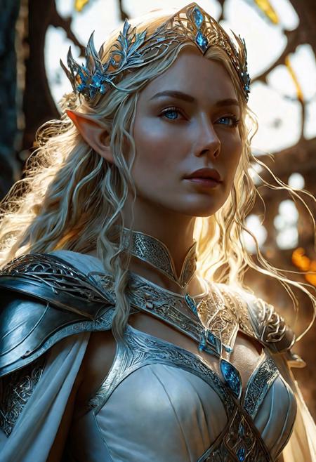 High resolution ultra-realistic of Beautiful Galadriel, 8k, capturing the intensity of the moment, cinematic lighting, standing on a bloody and turbulent battlefield in a bloody battle, wavy blonde hair, realistic dirty pale face, realistic blue eyes, beautiful hourglass figure, burning in a fantasy Town, intricately designed cloth white robes, fantasy Lord of the Rings Aesthetic, perfect athletic figure, beautiful Galadriel, ultra realistic, cinematic style, vigorous and seductive. beautiful firm Breasts, athletic figure, dark fantasy style, dramatic lighting, wet and sweaty skin, dirty skin, athletic figure, dark fantasy, dramatic lighting, Greg Rutkowski style, Galadriel on in armor, hyper-detailed, hyper-realistic, natural light, extremely intricate details, masterpiece, epic, bright colours, Attractive 21 old years elf girl, Attractive, sharp focus, digital painting, Photograph Taken on Nikon D750, Alphonse Mucha, 8K, athletic figure, Hyperdetailed, hyperrealism, Attractive, Attractive bust girl, asymmetric balance