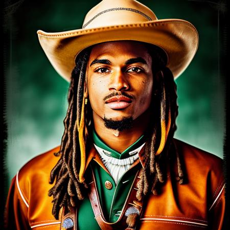 abstract-concepts RAW photo, closeup portrait of Jalen Hurts as a Wild West cowboy, green and white outfit, Arizona background, (high detailed skin:1.2), 8k uhd, dslr, cinematic lighting, high quality, film grain, Fujifilm XT3,