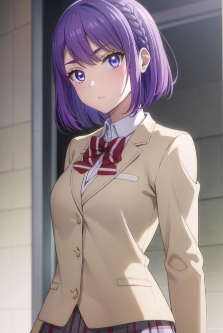 neneodagiri, <lora:nene odagiri s1-lora-nochekaiser:1>,
nene odagiri, short hair, (purple eyes:1.1), purple hair, braid,
BREAK skirt, bow, school uniform, jacket, pleated skirt, plaid, plaid skirt, blazer,
BREAK indoors, classroom,
BREAK looking at viewer,
BREAK <lyco:GoodHands-beta2:1>, (masterpiece:1.2), best quality, high resolution, unity 8k wallpaper, (illustration:0.8), (beautiful detailed eyes:1.6), extremely detailed face, perfect lighting, extremely detailed CG, (perfect hands, perfect anatomy),