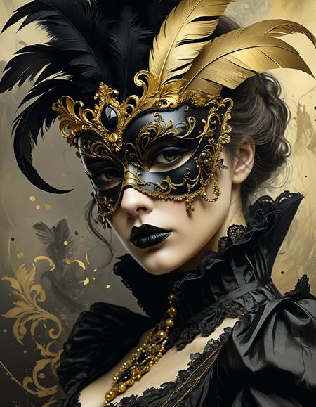 a beautiful victorian woman wearing a black and gold masquerade mask, head tilt, (feathers:0.3), (makeup:0.5), high resolution, looking at viewer, closed mouth, abstract, (by Yoann Lossel, by Russ Mills, by rebecca guay:1.0)