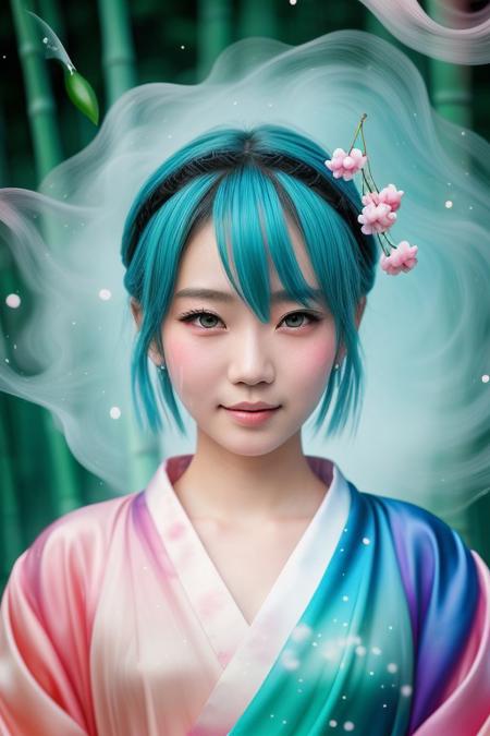 (anime masterpiece),(best quality),(ultra-detailed),(8k wallpaper), [1boy (18 years old) performing fan dance] wearing dynamic hanfu with glowing cloud patterns, (sparkling eyes with gradient cyan pupils), (blushing cheeks partially hidden by silk sleeve), (flowing short hair with azure highlights), [unfolded silk fan casting prismatic light beams], (particle effects: swirling cherry blossoms + glowing ink splashes), (dramatic perspective from low angle), (neon bamboo forest background with floating talisman papers), (Studio Ghibli-style color grading) --v 5.2 --style anime