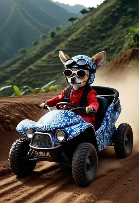(Made of Indonesian Batik:1.3), from side, closeup cute small 4WD buggy Made of Indonesian Batik, chihuahua driving, (wear round goggles:1.2), wear animal ears helmet, run through on mountain dirt road, Dust, (surround by multiple buggys:1.2), cinematic, cinematic lighting, (masterpiece, best quality:1.4), ultra-high res, 4k, Photorealistic, insanely detailed, sfw,