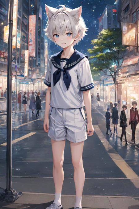 masterpice, best quality, 1boy,  ((solo)), looking at viewer, cat ears, sailor_collar,  messy hair, bangs, short hair, serafuku, sailor shirt,  full body, background of a city scape, pedestrians, soft lights, realistic lights, white hair, young, <lora:out4:0.9>