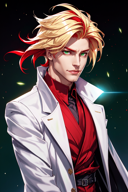 1boy, male focus, white, gothic long coat, green eyes, open clothes, red hair, gradient hair, blonde hair, wind swept, gossamer, science fiction, red shirt, short hair, solo, Best_QualityPos Earth-QualityPos, LimitBreakStyler