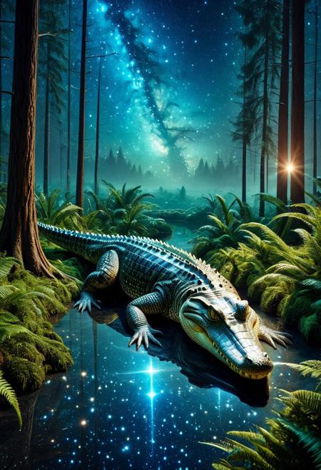 CosmicStyle,space,fantasy,Shimmering stars,starlight ,animal, crocodile ,full view,masterpiece, best quality, amazing quality, aesthetic,outdoor,trees,fantasy,forest