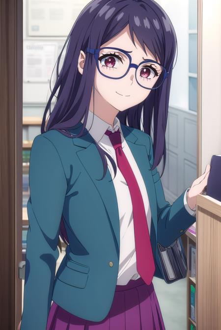 chizuru nakamura, long hair, black hair, (red eyes:1.3), glasses, skirt, school uniform, jacket, pleated skirt, necktie, blazer, red necktie, purple skirt, (aqua blazer:1.2),