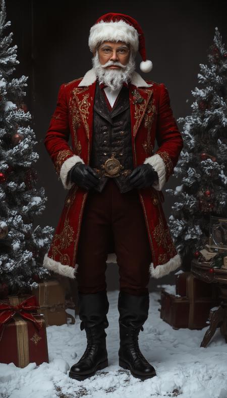 Realistic image reimagines a tall Santa Claus with a fashionable Victorian aesthetic. He dons an elegantly tailored deep red frock coat with intricate gold embroidery, a luxurious fur-lined collar, and polished leather boots. His fancy moustache is carefully groomed, paired with round, vintage spectacles. A velvet waistcoat and pocket watch add a refined touch, while snowy flakes swirl around him, enhancing the nostalgic yet stylish, aristocratic vibe. His confident, dignified pose exudes timeless charm, vantablack
