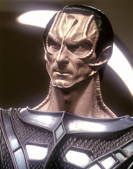 cardassian, male, dukat, grey skin, black slicked back hair, reptile scales on sides of neck, wearing cardassian uniform, front view, medium shot, marc alaimo, highly detailed face, perfecteyes eyes, 8k, photograph, film still, 35mm photo, Canon F-1, film grain, <lora:cardassian_lora:0.8>, <lyco:locon_perfecteyes_v1_from_v1_64_32:0.5>