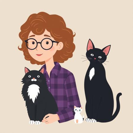 ArsMJStyle, Minimalist Vector Art, illustration of a woman with curly brown hair and glasses wearing a purple plaid flannel shirt, on the woman's left sits a fluffy black cat with a white patch on his chest and white paws, on the woman's right sits a smaller white cat with black ears and a black tail