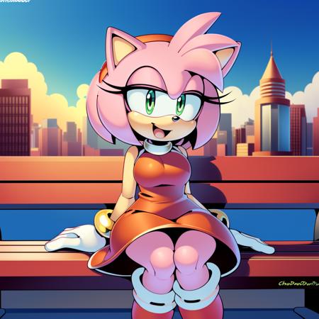 <lora:AmyRose1:1>, (masterpiece best quality:1.2), hdr, (uploaded on e621), (((by nitro, by chadthecartoonnut, by marthedog)), amy rose, 1girl, looking at viewer, smile, short hair, open mouth, simple background, gloves,  dress, full body, hairband, boots, sleeveless, skin tone arms, white gloves,  sleeveless dress, red dress, happy, red footwear, furry, furry female, red hairband, animal nose, solo, sonic the hedgehog \(series\), green eyes, animal ears, pink hair, pink fur, white stripped boots, perfect anatomy,  outside, city, day time, blue sky, clouds, detailed background, detailed, perfect hands, bench, sitting, 5 fingers