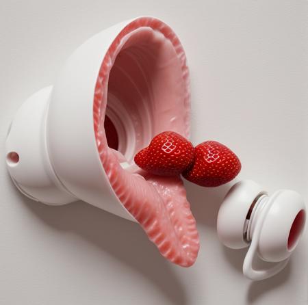 fleshlight detailed product in front of a white wall, orifice is shaped like a strawberry