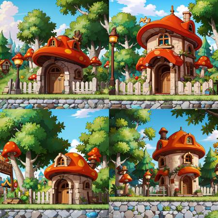 ((masterpiece,best quality)), absurdres,
<lora:Henesys_Maple_Story_Anime:0.7>, Henesys_Maple_Story,
outdoors, no humans, tree, grass, sky, house, scenery, mushroom, door, window, fence, chimney, sign, plant, building, nature,
cinematic composition,