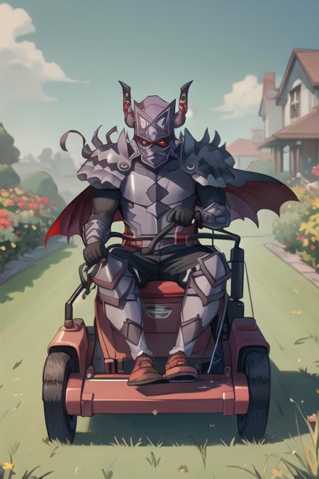 (masterpiece, top quality, best quality, beautiful, and aesthetic:1.2) berserk3r, 1boy, low wings, black cape, mowing a lawn with a push mower <lora:berserk4-000010:.9>