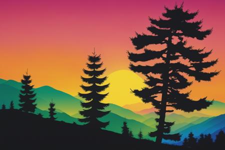 <lora:chahualiu:0.9>, chahua, spring landscape, sunrise, hills, fir trees, no humans, scenery, silhouette