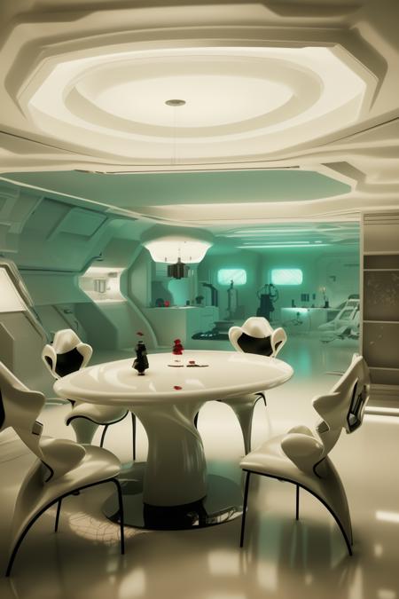 a room with a computer and a lamp , a dining room with a table and chairs, futuristic_interior ,