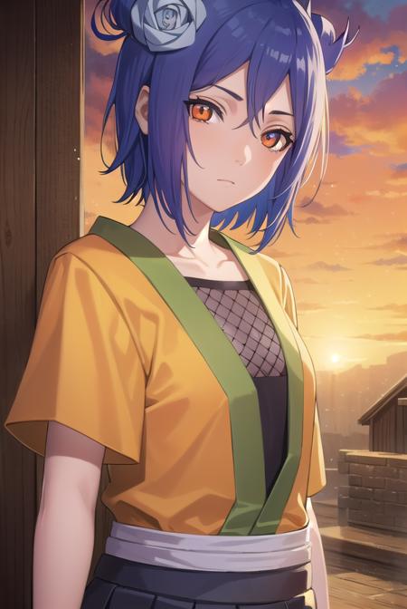 konan, <lora:konan-lora-nochekaiser:1>,
konan, blue hair, (orange eyes:1.5), short hair, hair ornament, flower, hair flower,
BREAK fishnets, japanese clothes, skirt,
BREAK cowboy shot, looking at viewer,
BREAK outdoors,
BREAK <lyco:GoodHands-beta2:1>, (masterpiece:1.2), best quality, high resolution, unity 8k wallpaper, (illustration:0.8), (beautiful detailed eyes:1.6), extremely detailed face, perfect lighting, extremely detailed CG, (perfect hands, perfect anatomy),