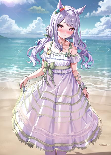 (masterpiece:1.2), (best quality:1.2), (highly detailed:1.2),(highres),horse ears,standing, dress tug, blush, sparkle, lens flare, ray tracing, beach, ocean, cloud, beautiful detailed sky, in summer