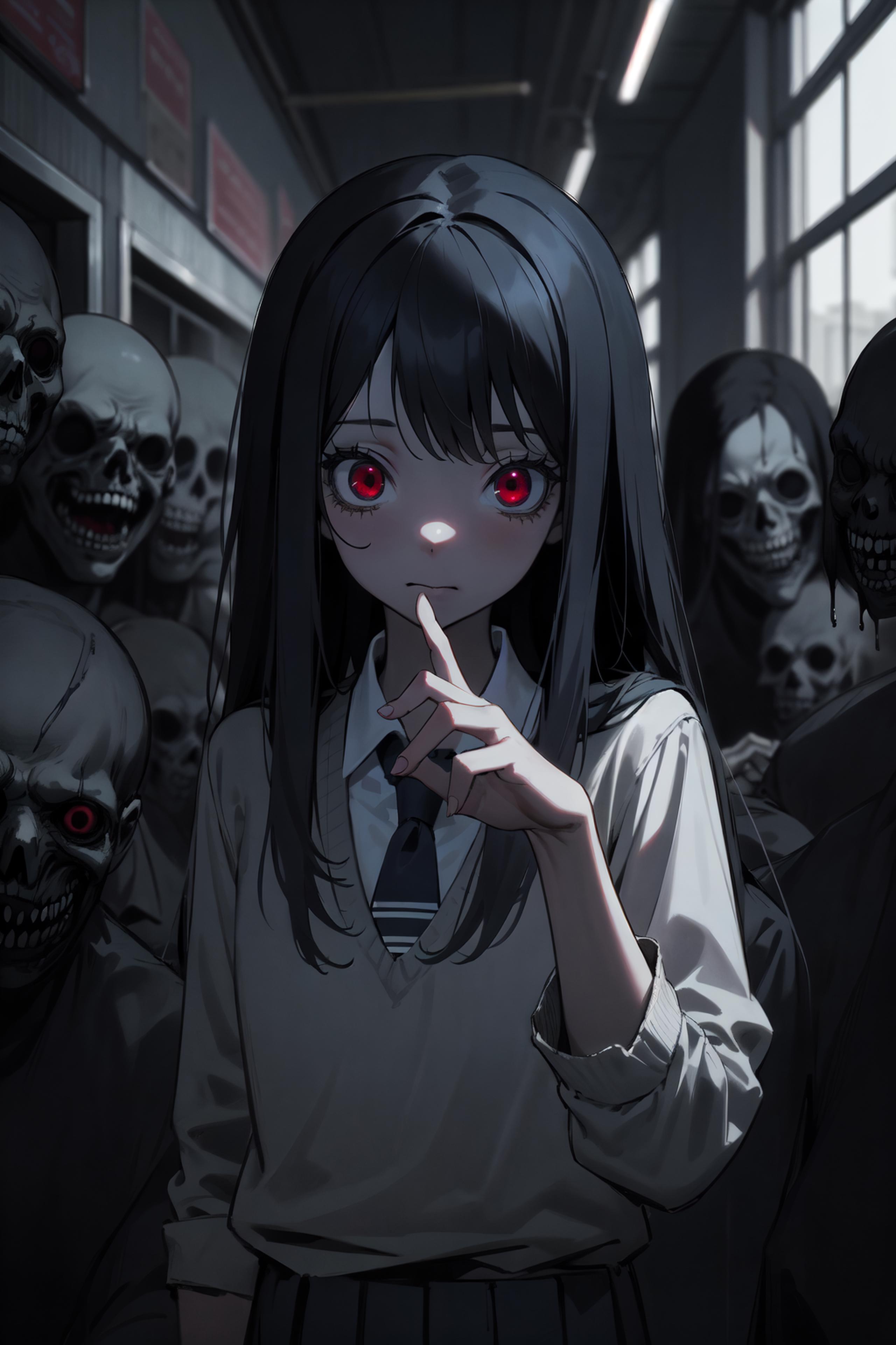 A young girl with a red dot in her eye, surrounded by skeletons.