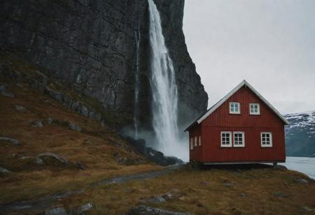film photography style, wide side view of the red kabin in Norway close to the Mc donalds, framed by gigantic waterfall in the background, minimalistic, backlit. 35mm photograph, film grain, shallow depth of field, professional, 4k, highly detailed, diffuse hazy rim lighting, muted colors + crisp + clear, dark & grungy in the style of alex timmermans, dark nautical aesthetic