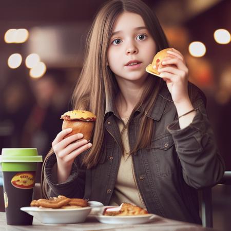 1girl, food, solo, eating, long hair, burger, blurry, brown hair, blurry background, wristwatch, jacket, watch, holding, holding food, realistic, cup, looking at viewer