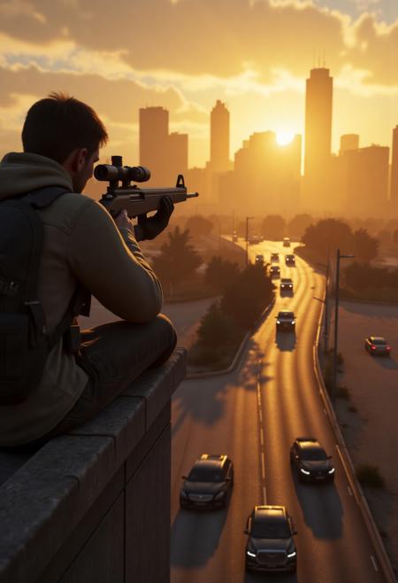 A lone sniper perched on a rooftop at dusk, their rifle trained on a distant convoy of black SUVs speeding down a deserted highway. The cityâs skyline is bathed in the golden light of the setting sun. 
 , aidmagta6