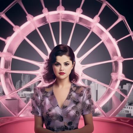 SelenaGomez, (art by Lillian Bassman:0.7) ,art by Sandy Skoglund, [digital art, Overgrown Girl of Skill, from inside of a Ferris wheel, Sketch, Neon Light, Grayscale, extremely detailed CG Unity 8k wallpaper::15],  <lora:SelenaGomezSDXL:1>