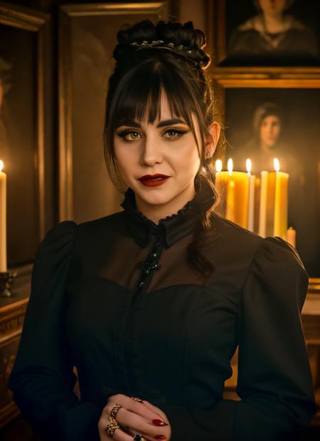 <lyco:Nadja:0.9> upper body portrait of nadja, skswoman, green eyes, makeup, wearing black gothic dress, double bun, bangs, half opened mouth with blood, vampire fangs, background blurred inside a mansion with (sargs:1.2), very old paintings in the wall, candles