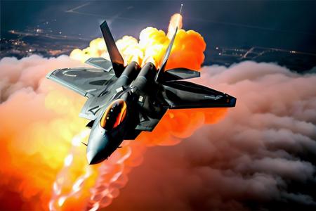 analog gloomy aerial photo of a (F-22Raptor plane, <lora:r4pt0r:1>), ((nighttime)), (flying low through a city on fire), (explosions in the background), (tracer gunfire),  High Detail, Sharp focus, (photorealism), realistic, best quality, 8k, award winning, dramatic lighting, epic, cinematic, masterpiece, rim light, (action movie), war,  depth of field, dutch angle, motion blur,